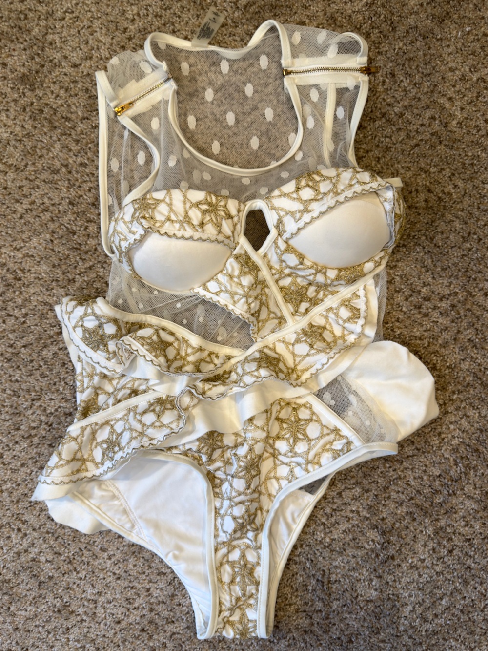 White and Gold Embroidered One-Piece Swimsuit
